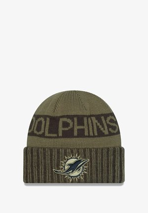 Berretto di lana verde con la scritta "DOLPHINS" in marrone e un logo. Presenta una texture a coste e un risvolto.