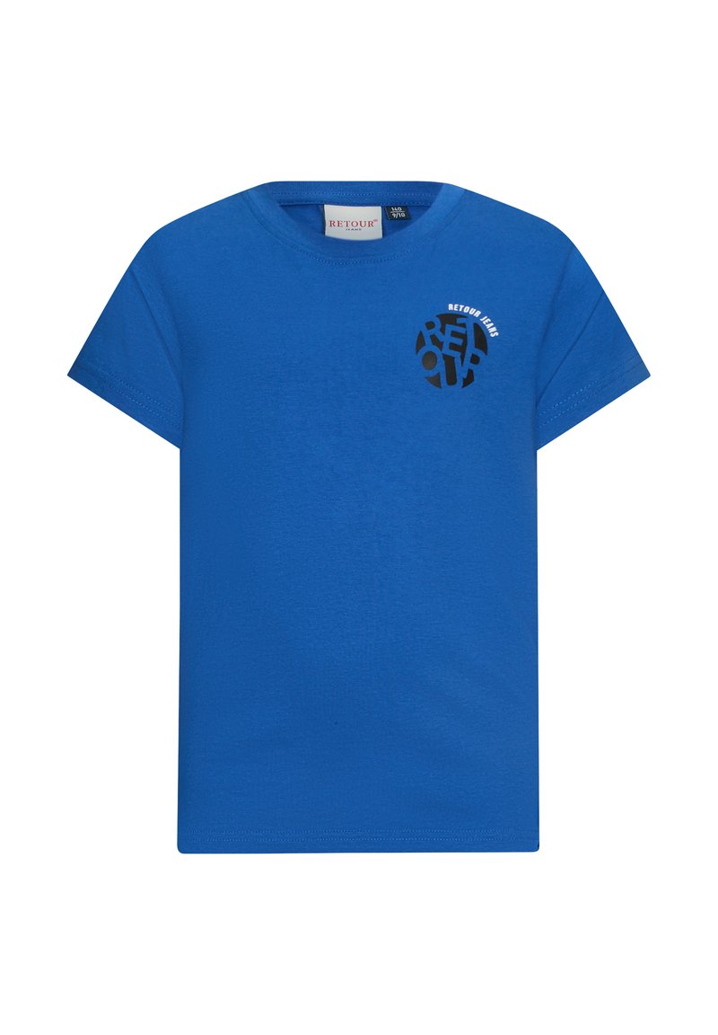 Niebieska bawełniana koszulka z krótkim rękawem, z czarnym graficznym logo na lewej piersi. Gładka faktura, okrągły dekolt i regularny krój.