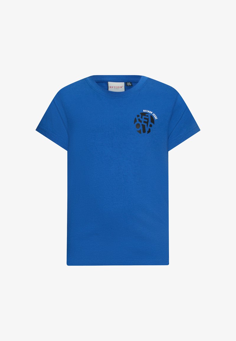 Niebieska bawełniana koszulka z krótkim rękawem, z czarnym graficznym logo na lewej piersi. Gładka faktura, okrągły dekolt i regularny krój.