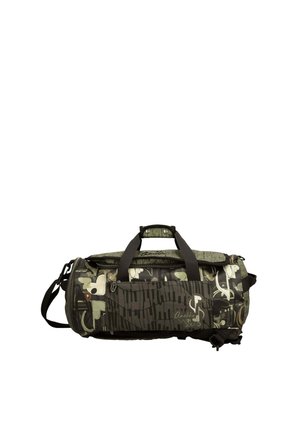 Borsa duffel con motivo mimetico, manici neri, tracolla regolabile, tasca anteriore con cerniera e design con note musicali.