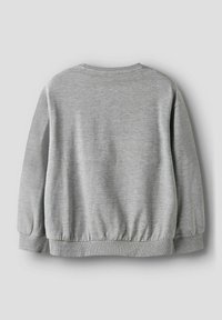 Pilkas sweatshirtas su minkštu paviršiumi, elastingais rankogaliais ir juosmeniu. Turi apvalų kaklą ir paprastą dizainą, matomas iš galo.