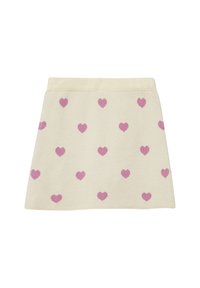 Gonna A-line color crema con motivi a forma di cuore rosa distribuiti uniformemente e una cintura liscia.