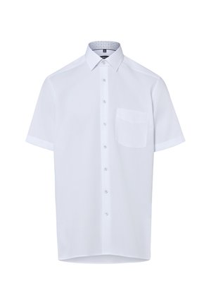 Chemise blanche à manches courtes boutonnée avec poche poitrine et col intérieur à motifs.