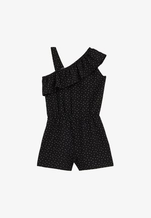 Sort one-shoulder romper med hvide polkaprikker, flæsedetalje over brystet, elastisk talje og korte ben.