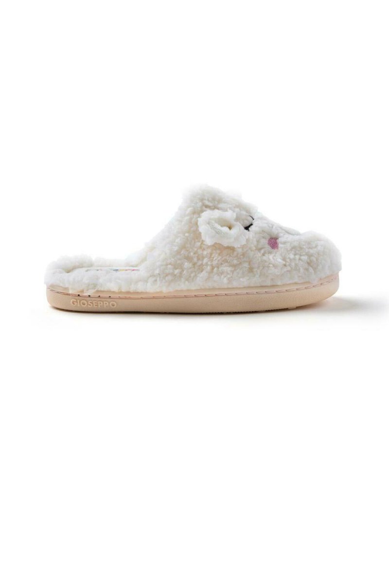 Zapatilla blanca y esponjosa con forma redondeada, textura suave y detalles faciales bordados. Acentos rosas y suela beige. Marca: Gioseppo.