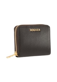 Portafoglio in pelle nera con superficie texturizzata, hardware dorato, chiusura con zip e logo "BOGNER" in bella vista sul davanti.
