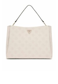 Lichtroze handtas gemaakt van textuurstof, met een driehoekig logo en een enkele zwarte handgreep. Coördineert met reliëfpatronen.