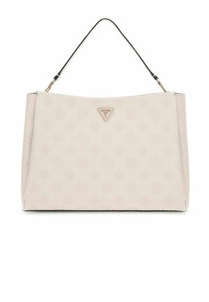 Helle rosa Handtasche aus strukturiertem Material, mit einem dreieckigen Logo und einem einzelnen schwarzen Henkel. Passt zu geprägten Mustern.