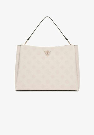 Light pink handbag made of textured material, featuring a triangular logo and a single black handle. Coordinates with embossed patterns.