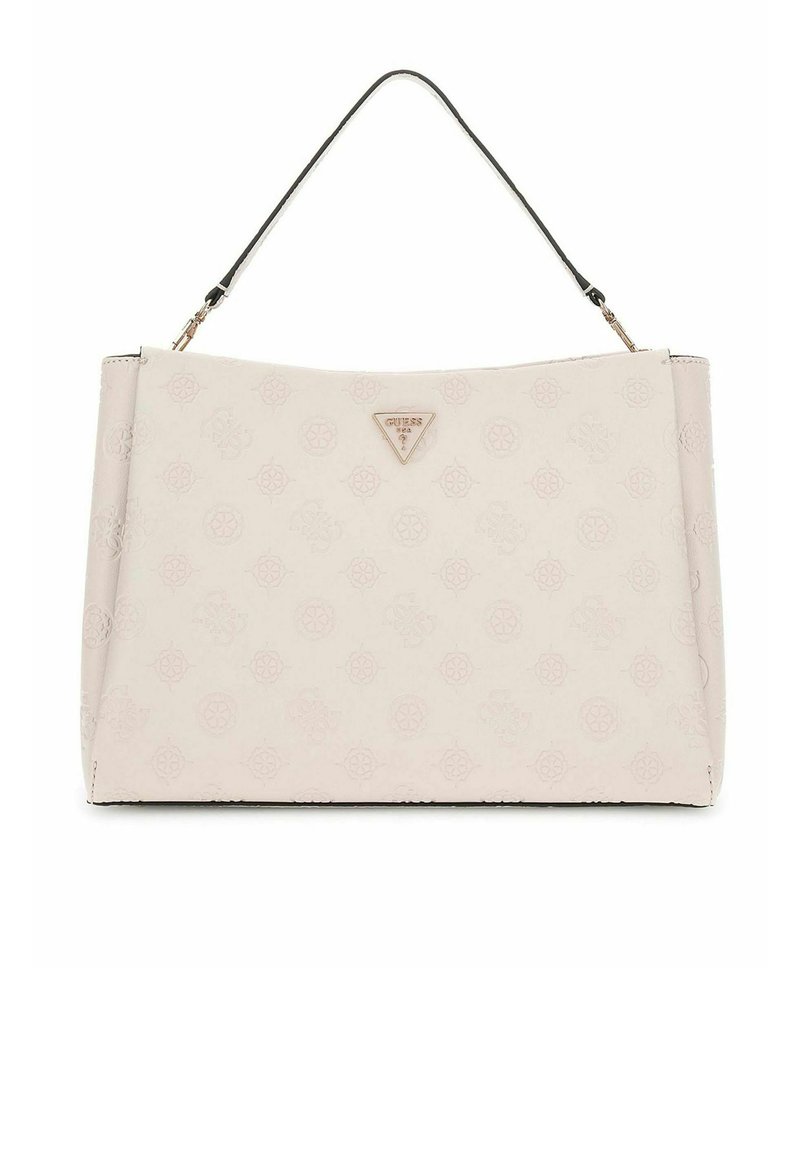 Lichtroze handtas gemaakt van textuurstof, met een driehoekig logo en een enkele zwarte handgreep. Coördineert met reliëfpatronen.