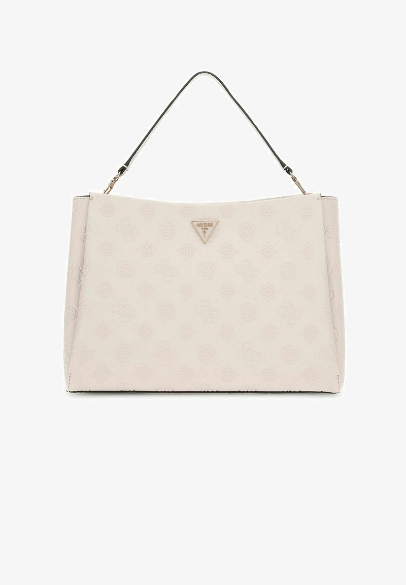 Lichtroze handtas gemaakt van textuurstof, met een driehoekig logo en een enkele zwarte handgreep. Coördineert met reliëfpatronen.