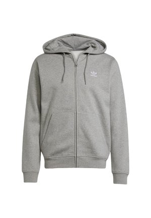Grå zip-hoodie lavet af blødt stof, med en stor lomme foran, snoretræk i hætten og et lille hvidt logo på brystet.