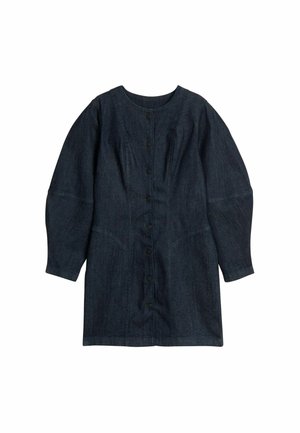 Mørkeblå denimkjole med lange ærmer, rund halsudskæring og knaplukning foran, der går fra halsen til kanten.