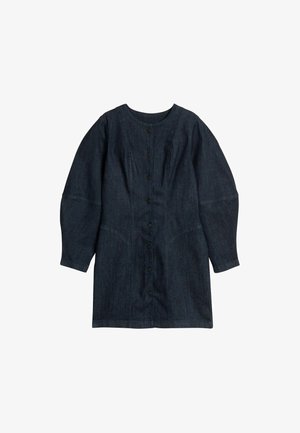 Robe en denim bleu foncé à manches longues avec encolure ronde et fermeture à boutons sur le devant s'étendant du col à l'ourlet.