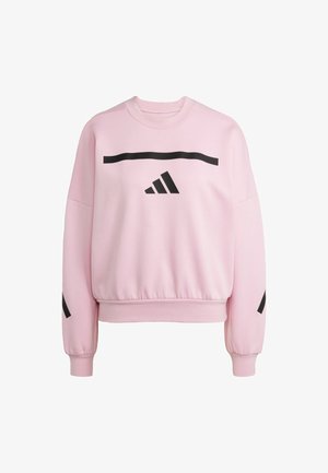 Sudadera rosa con acabado texturizado, que presenta rayas horizontales negras y el logo de Adidas. Incluye puños y dobladillo acanalados con un corte relajado.