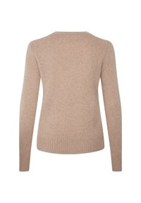 Brauner, langärmliger Pullover aus einem weichen, strukturierten Stoff. Hat einen runden Ausschnitt und einen gerippten Saum an der Taille und den Bündchen.