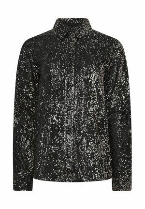 Zwarte button-up shirt bedekt met pailletten, met een kraag en lange mouwen. De stof heeft een gestructureerd, reflecterend oppervlak.