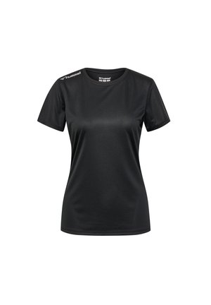 Black short-sleeve athletic shirt with a smooth texture, round neckline, and subtle logo detail on the shoulder. Lightweight and breathable fabric.