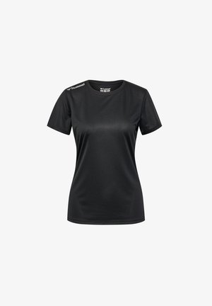 Schwarzes, kurzärmeliges Sportshirt mit glatter Textur, Rundhalsausschnitt und dezenten Logodetails auf der Schulter. Leichter und atmungsaktiver Stoff.