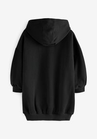 Černá mikina s kulatým zadním dílem, velkou kapucí a oversized rukávy. Pružný lem a manžety, hladký povrch, minimalistický design bez vzorů.