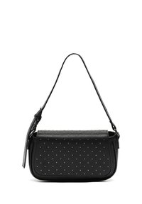 Black faux leather bag with a rectangular shape, featuring silver stud accents and a single adjustable strap. Smooth texture, minimalistic design.