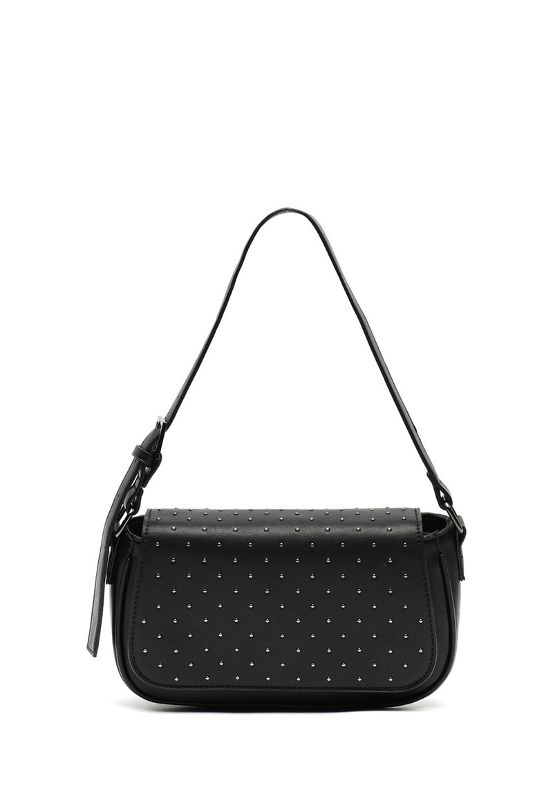 Black faux leather bag with a rectangular shape, featuring silver stud accents and a single adjustable strap. Smooth texture, minimalistic design.