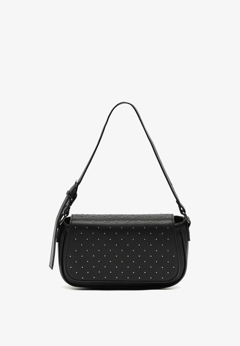 Black faux leather bag with a rectangular shape, featuring silver stud accents and a single adjustable strap. Smooth texture, minimalistic design.