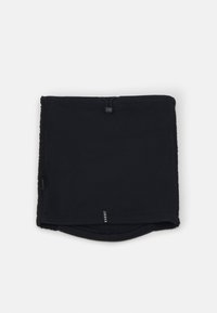 Svart fleece halsvarmer med en myk tekstur, med en justerbar toppsnøring; ingen synlige mønstre eller maskinvaredetaljer.