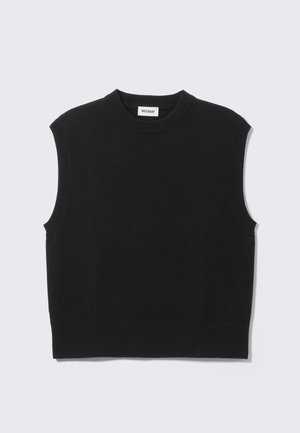 Pull sans manches noir en tissu tricoté doux. Encolure ronde côtelée et ourlet côtelé. Design simple sans motifs ni accents supplémentaires.