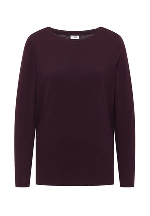 Haut à manches longues en bordeaux foncé, encolure ronde, texture douce, coupe décontractée, fabriqué dans un tissu léger sans motifs ou accents visibles.