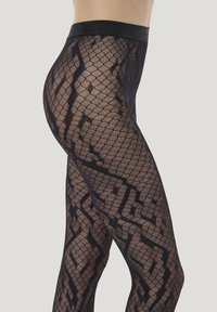 Schwarze gemusterte Strumpfhose mit geometrischem Fischgrätmuster, elastischem Bund und einer strukturierten Oberfläche für eine enge Passform.