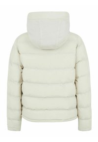 Dikke witte jas met een capuchon, met een doorgestikt ontwerp en zichtbare naden. Gladde textuur zonder opvallende hardware of accenten.