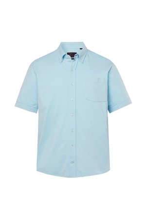 Camicia azzurra a maniche corte con bottoni, realizzata in cotone, caratterizzata da una tasca sul petto e un colletto classico. Tessuto liscio e senza motivi.