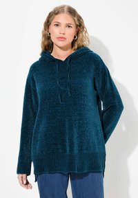 Türkiser Velours-Hoodie mit Kapuze und Kordelzug, langen Ärmeln, geripptem Saum und seitlichen Schlitzen. Bequemer, weicher Stoff, der sich gut für legere Kleidung eignet.