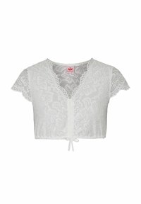 Witte kanten crop top met korte mouwen, voorzien van een v-hals, een gestructureerd bloemenpatroon en een striksluiting aan de voorkant.