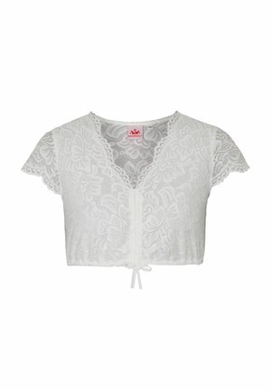 Weißes Spitze-Crop-Top mit kurzen Ärmeln, versehen mit einem V-Ausschnitt, strukturiertem Blumenmuster und einer Schleifenverschluss vorne.