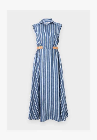 Μακρύ μπλε φόρεμα χωρίς μανίκια με λευκές κάθετες ρίγες, γιακά και ταμπά διπλή αγκράφα ζώνη στη μέση.