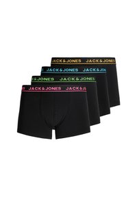 Vier Paare schwarze Boxershorts mit kontrastierenden elastischen Taillenbündchen in Türkis, Grün, Pink und Orange, mit dem Markennamen "JACK & JONES".