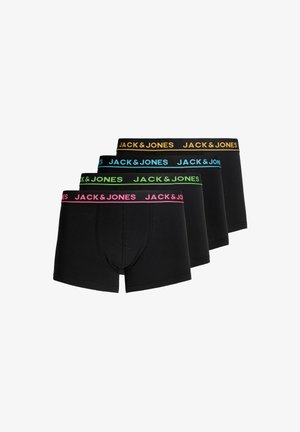 Four pairs of black boxer briefs with contrasting elastic waistbands in turquoise, green, pink, and orange, featuring brand name "JACK & JONES."