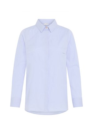 Ljusblå bomullsskjorta med långa ärmar har en spetsig krage, framknäppning och rundad nederkant. Mjukt tyg med skräddarsydd passform.