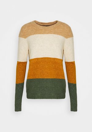 Pull en tricot avec rayures horizontales en beige, crème, jaune moutarde et vert. Encolure ronde, manches longues et ourlet côtelé.