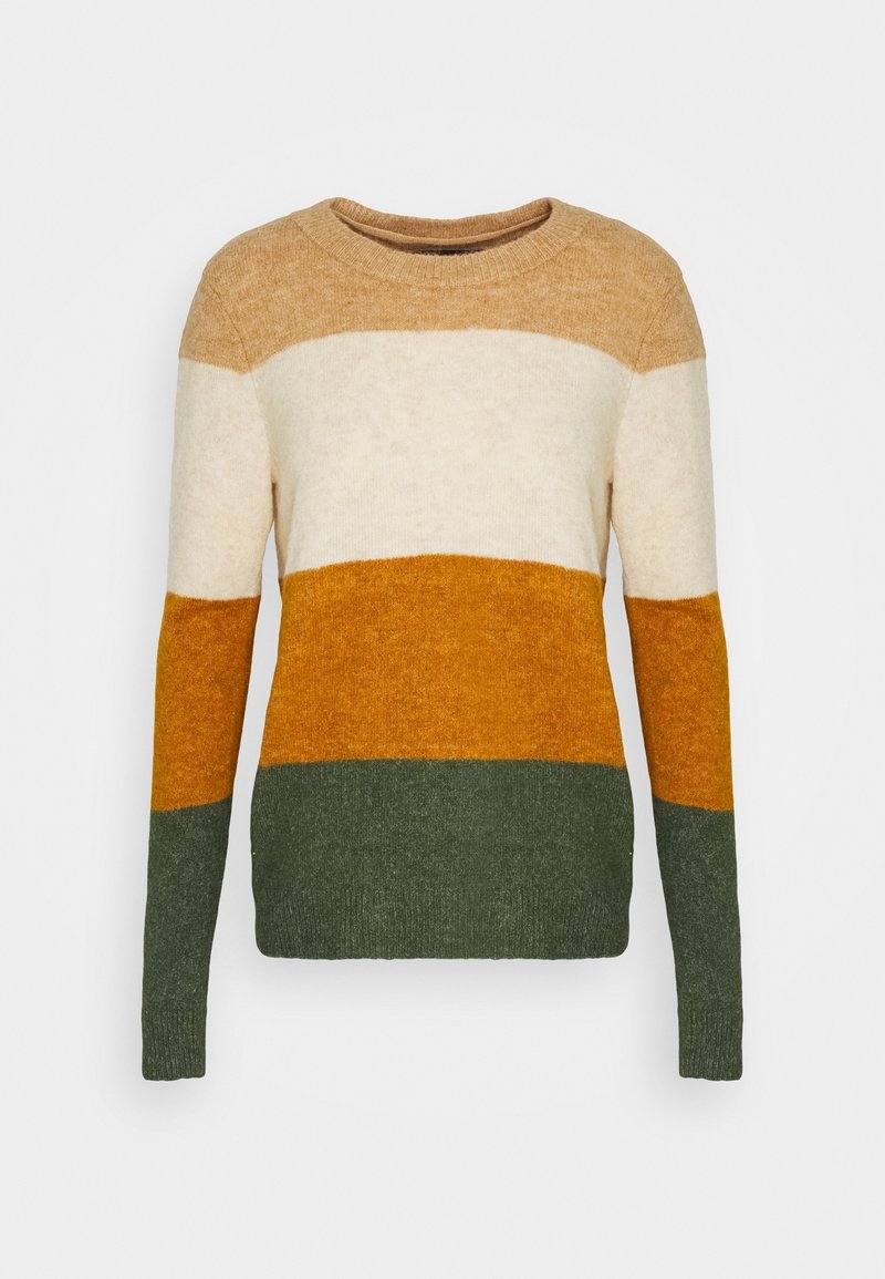 Pull en tricot avec rayures horizontales en beige, crème, jaune moutarde et vert. Encolure ronde, manches longues et ourlet côtelé.