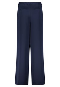 Pantalons larges bleu marine en tissu lisse, avec une taille plate et deux poches arrière pour plus de praticité.