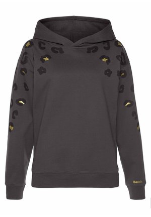 Dunkelgrauer Hoodie mit schwarzen und goldenen Leopardenflecken auf Schultern und Ärmeln, gerippten Bündchen und dem "Bench."-Logo am linken Ärmelbündchen.