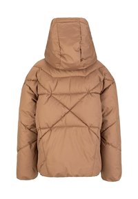 Braune Pufferjacke mit Kapuze, gestepptem Design und Rautenmustern sowie einer weichen, matten Oberfläche. Die Rückansicht zeigt eine lässige Passform und Nähte.