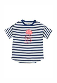Gestreepte kortek mouwtjes t-shirt in marineblauw en wit. Bevat een roze kwal met sterren, een ronde zoom en is gemaakt van zacht katoen.