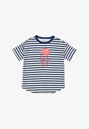 Pasiasty t-shirt z krótkim rękawem w kolorze granatowym i białym. Posiada grafikę różowej meduzy z gwiazdami, zaokrąglony dół, miękki materiał bawełniany.