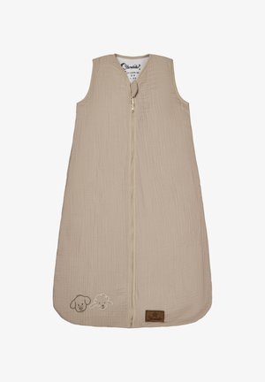 Beige ärmelloser Babyschlafsack aus Textilstoff, mit einem vorderen Reißverschluss und gestickten Hund- und Schafmotiven am Saum.