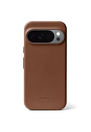 Brown leather smartphone case with triple camera cutout and embossed "bellroy" logo centered at the bottom.