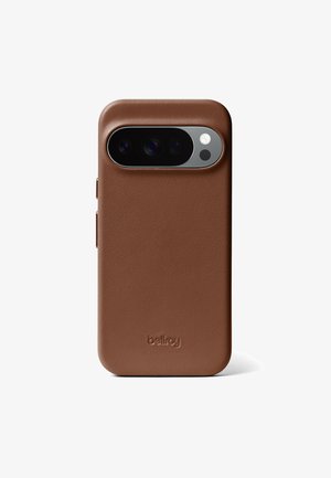 Brown leather smartphone case with triple camera cutout and embossed "bellroy" logo centered at the bottom.